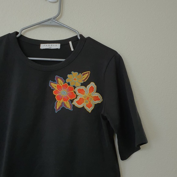 Sandro Paris Selena Embroidered Ruffle Asymmetric Peplum Top Women's Size S/M - Picture 3 of 8